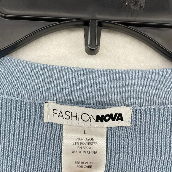 Fashion Nova Cardigan Women's Sz L Blue Knitted Button-Up V-Neck Cropped - Picture 10 of 11